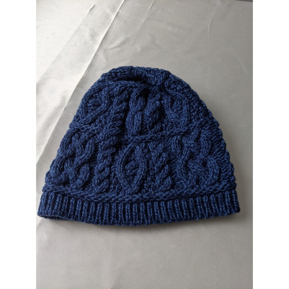 Aran Crafts Ireland Navy Blue 100% Merino Wool Cable Chunky Knit Beanie Hat